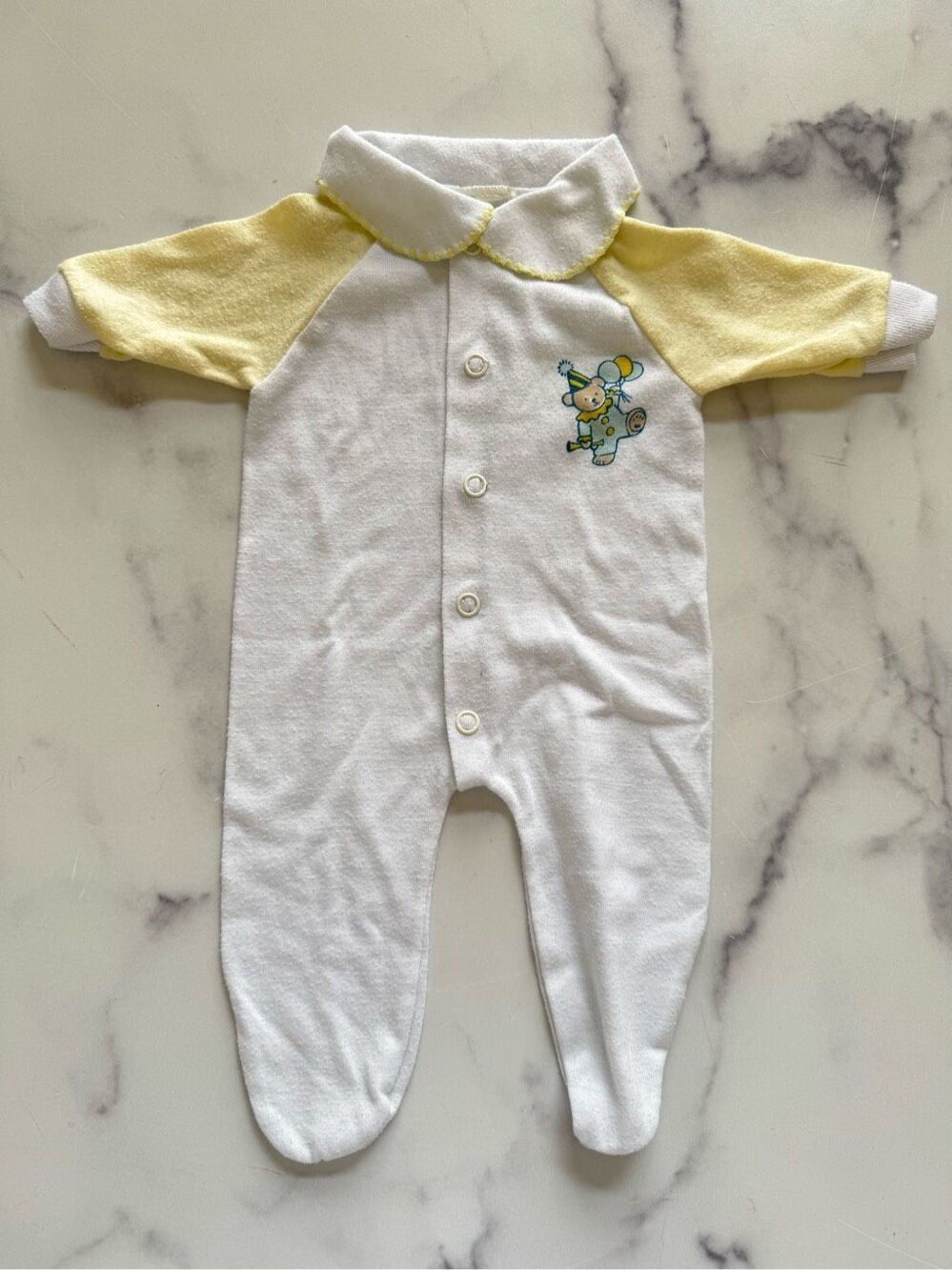 Teddy Bear Newborn bodysuit pastel yellow white one piece unisex baby vintage 80